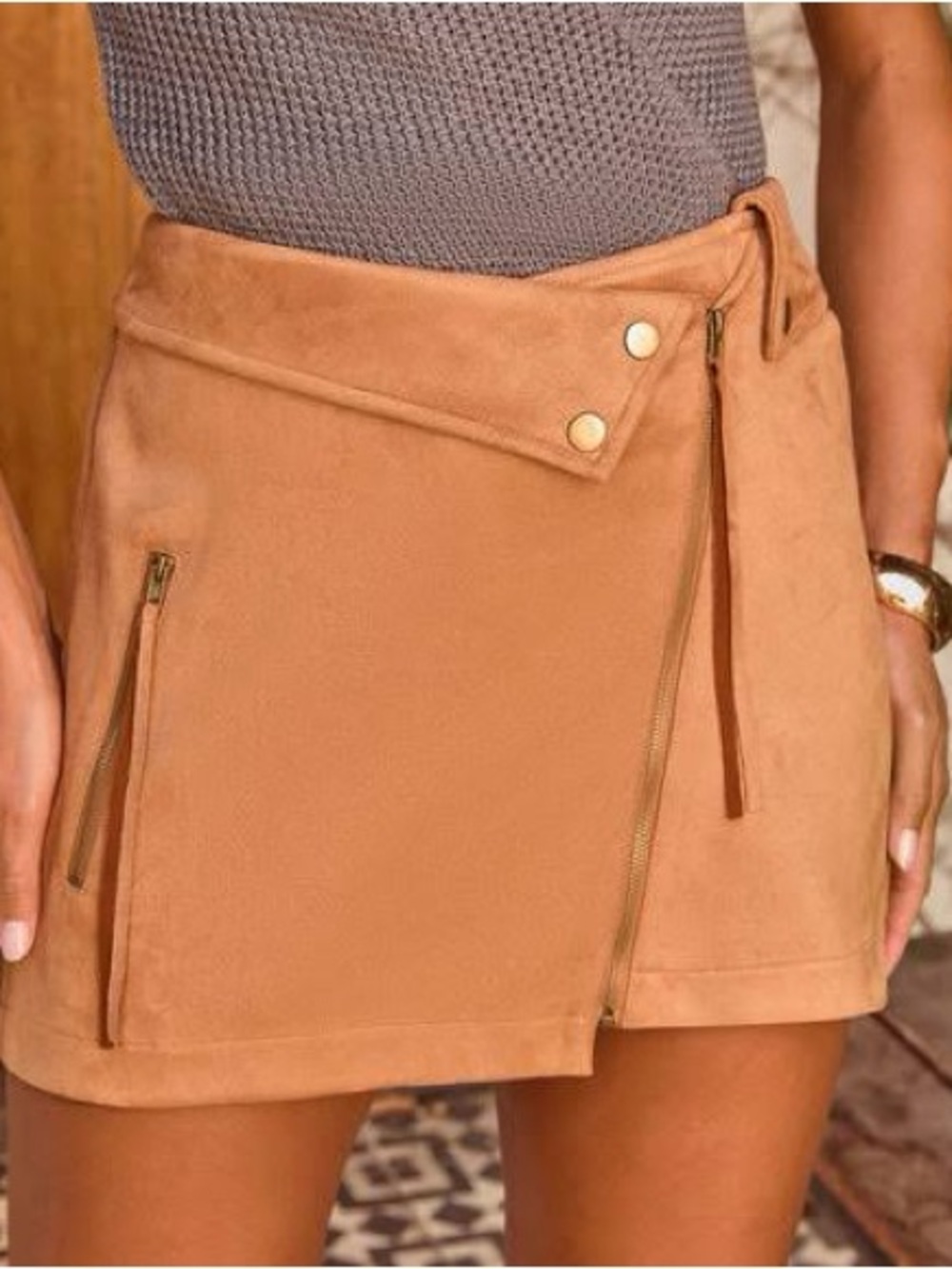 Vici Camel Faux Suede-Mini Skirt with Zippers